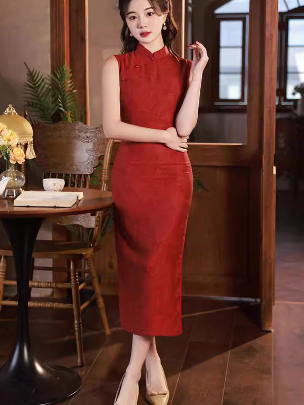 Red Jacquard Floral Linen Cheongsam Qipao Dress