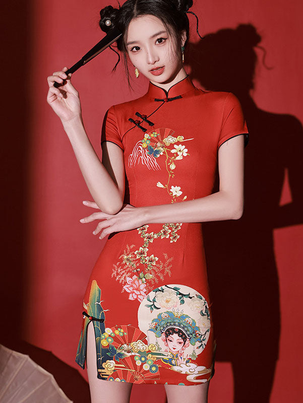 Red Peking Opera Print Cheongsam Qipao Dress