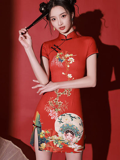 Red Peking Opera Print Cheongsam Qipao Dress
