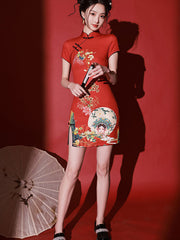 Red Peking Opera Print Cheongsam Qipao Dress