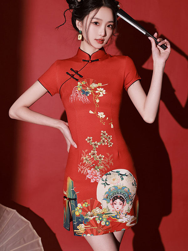 Red Peking Opera Print Cheongsam Qipao Dress