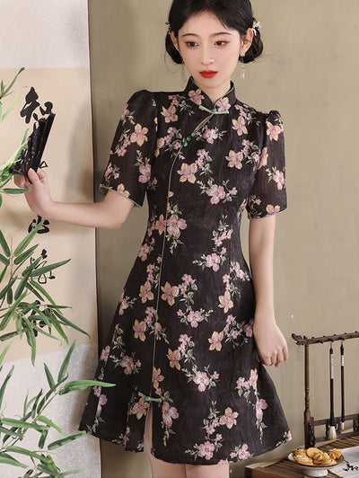 Black Jacquard Floral A-line Cheongsam Qipao Dress