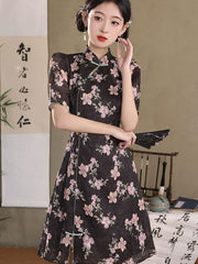 Black Jacquard Floral A-line Cheongsam Qipao Dress