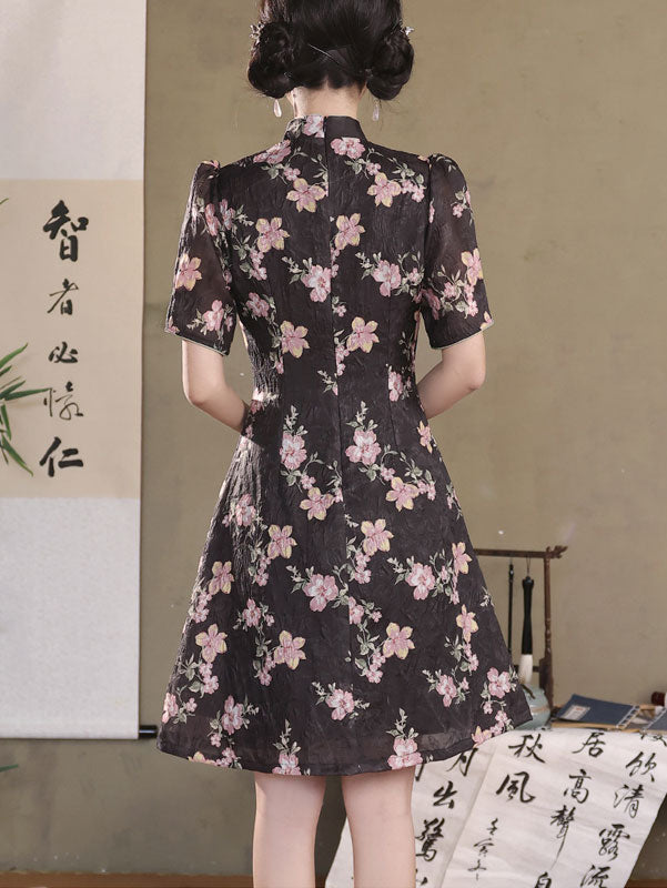 Black Jacquard Floral A-line Cheongsam Qipao Dress