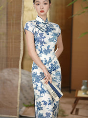 Blue and White Vintage Print Cheongsam Qipao Dress