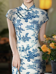 Blue and White Vintage Print Cheongsam Qipao Dress