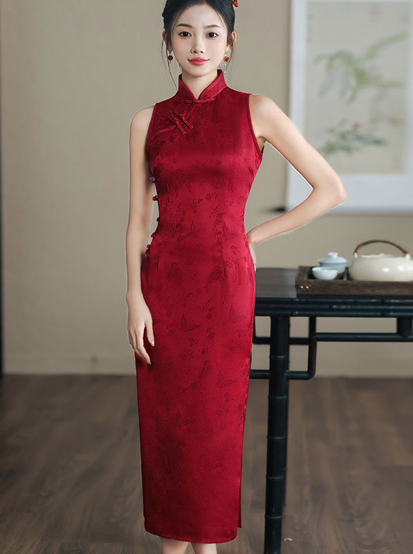 Red Black Jacquard Halter Cheongsam Qipao Dress