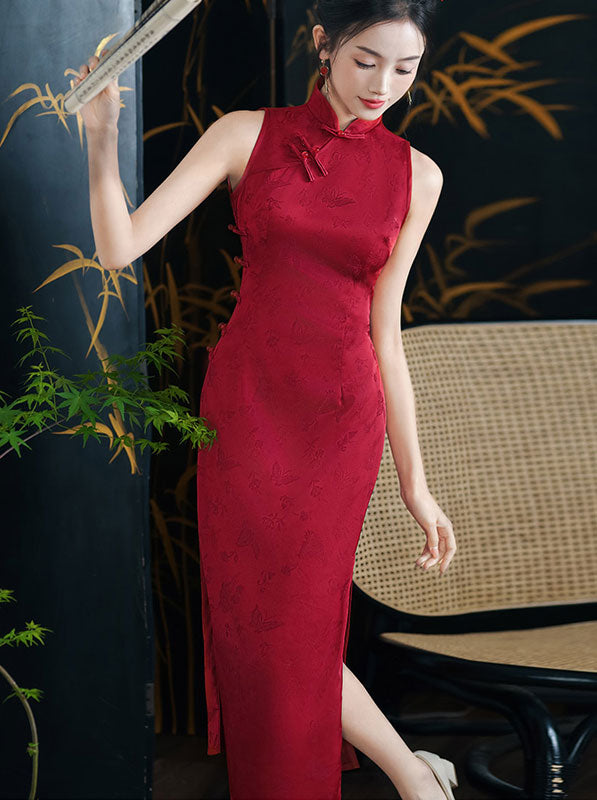 Red Black Jacquard Halter Cheongsam Qipao Dress