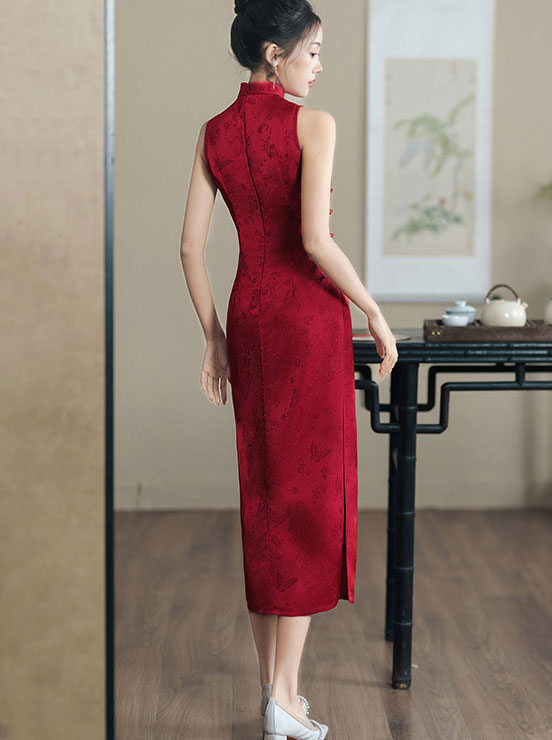 Red Black Jacquard Halter Cheongsam Qipao Dress