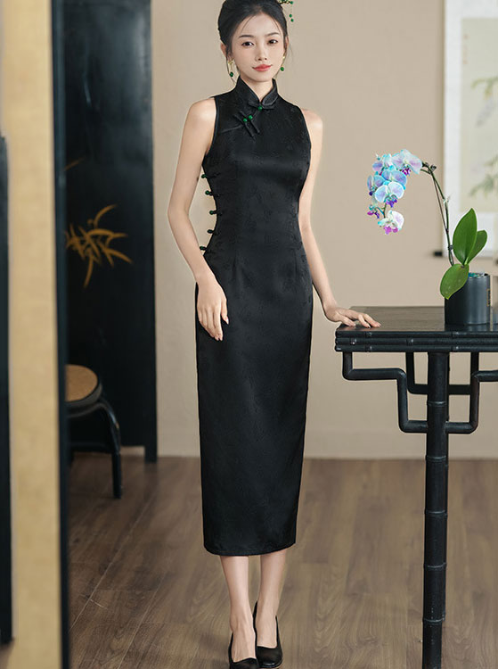 Red Black Jacquard Halter Cheongsam Qipao Dress