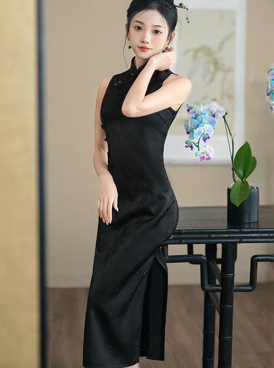 Red Black Jacquard Halter Cheongsam Qipao Dress