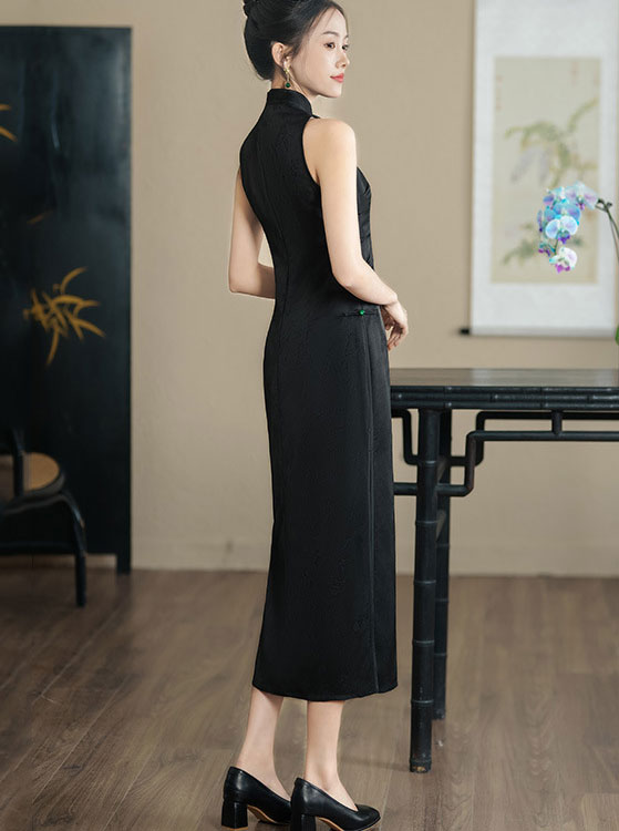Red Black Jacquard Halter Cheongsam Qipao Dress