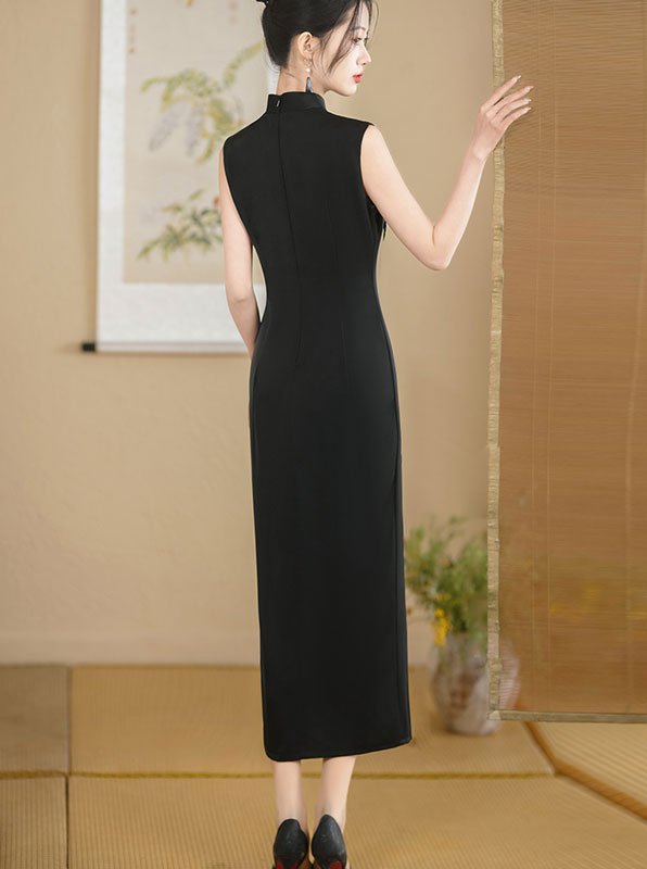 2024 Black Embroidered Cheongsam Qipao Dress