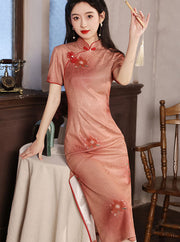 Red Floral Print Midi Cheongsam Qipao Dress