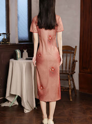 Red Floral Print Midi Cheongsam Qipao Dress