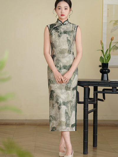 2025 Summer Green Printing Cheongsam Qipao Dress