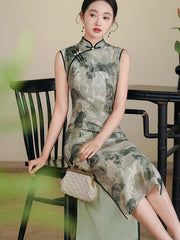 2025 Summer Green Printing Cheongsam Qipao Dress