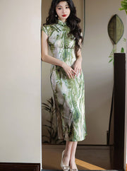 2024 Summer Green Printing Cheongsam Qipao Dress