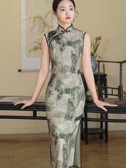 2025 Summer Green Printing Cheongsam Qipao Dress