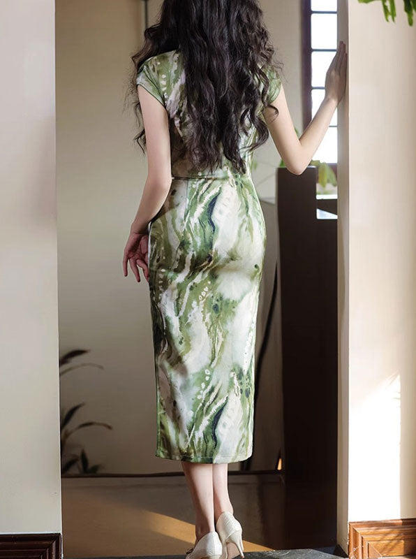 2024 Summer Green Printing Cheongsam Qipao Dress