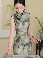 2025 Summer Green Printing Cheongsam Qipao Dress