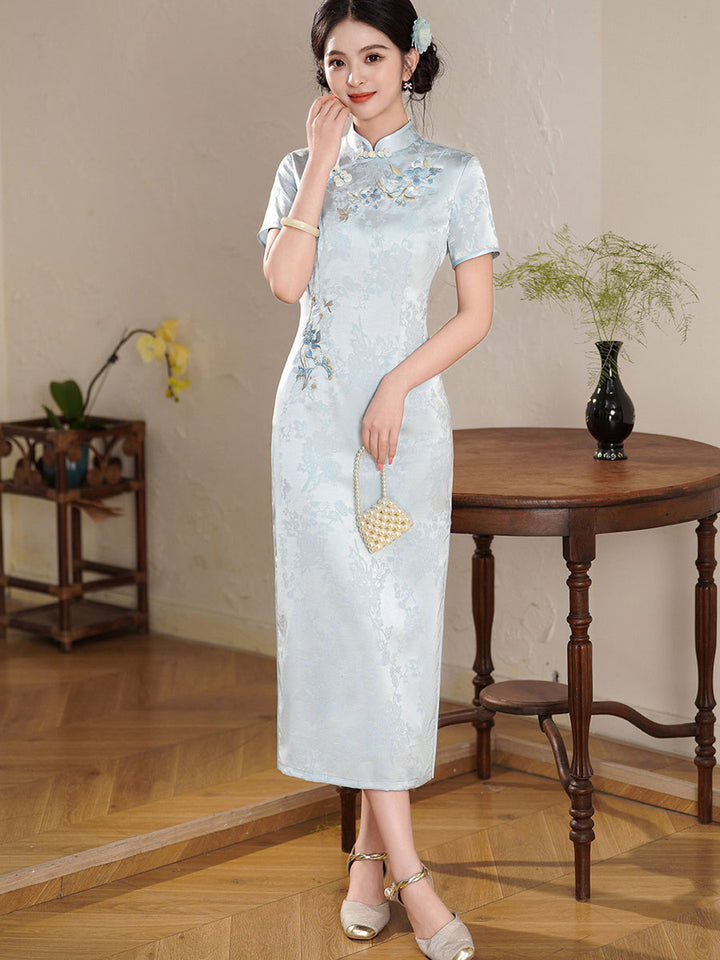 Blue GreenJacquard Floral Maxi Cheongsam Qipao Dress
