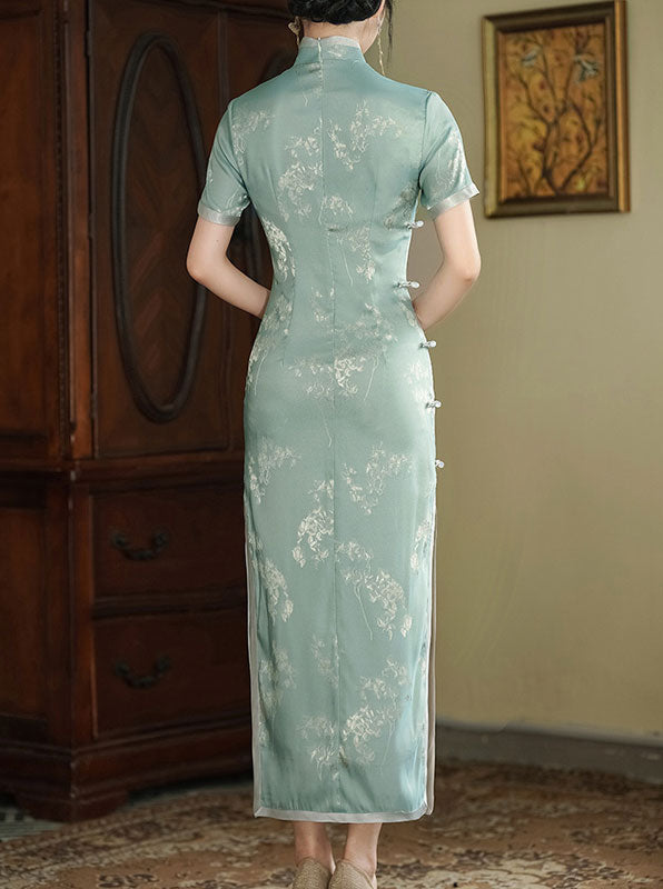 Blue Yellow Jacquard Floral Maxi Cheongsam Qipao Dress