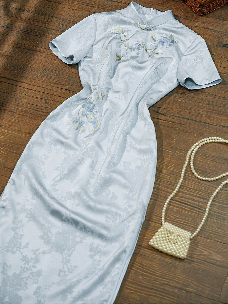 Blue GreenJacquard Floral Maxi Cheongsam Qipao Dress