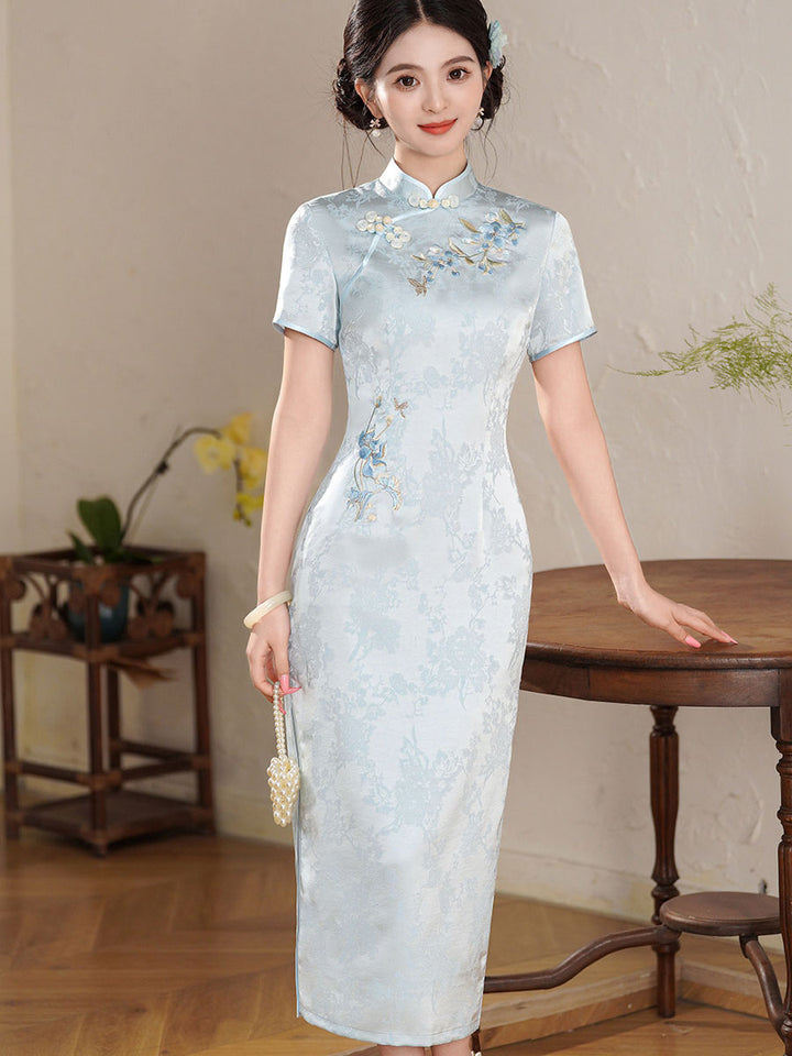 Blue Green Embroidered Floral Maxi Cheongsam Qipao Dress