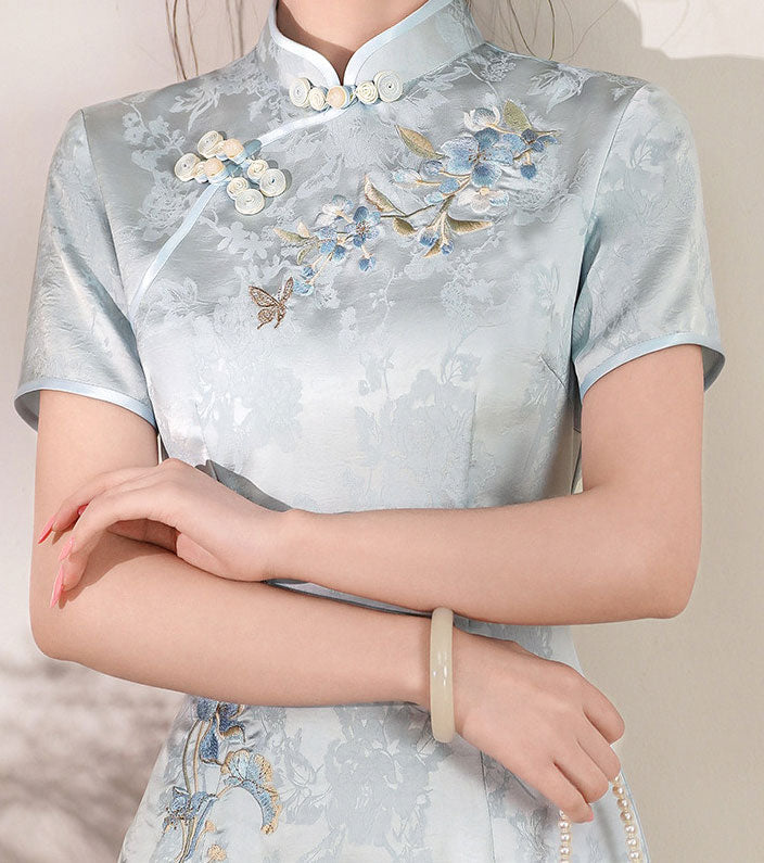 Blue GreenJacquard Floral Maxi Cheongsam Qipao Dress