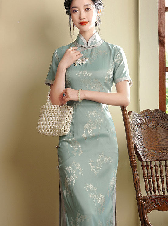 Blue Yellow Jacquard Floral Maxi Cheongsam Qipao Dress