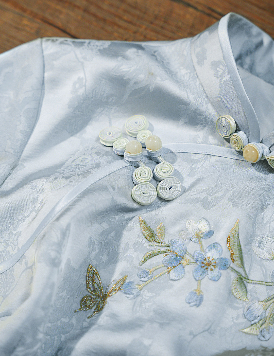 Blue GreenJacquard Floral Maxi Cheongsam Qipao Dress