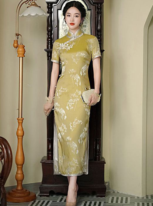 Blue Yellow Jacquard Floral Maxi Cheongsam Qipao Dress