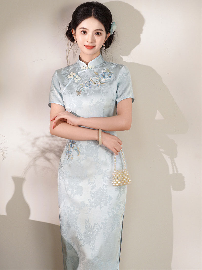 Blue GreenJacquard Floral Maxi Cheongsam Qipao Dress