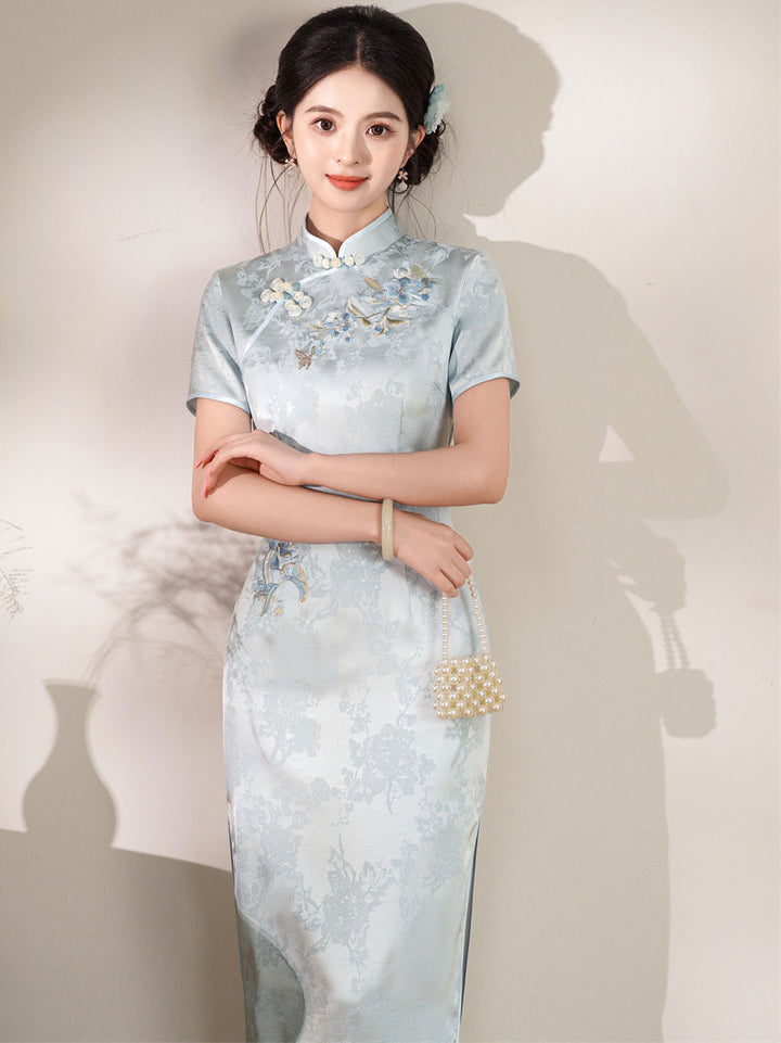 Blue GreenJacquard Floral Maxi Cheongsam Qipao Dress