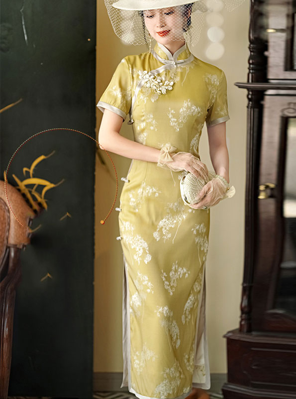 Blue Yellow Jacquard Floral Maxi Cheongsam Qipao Dress