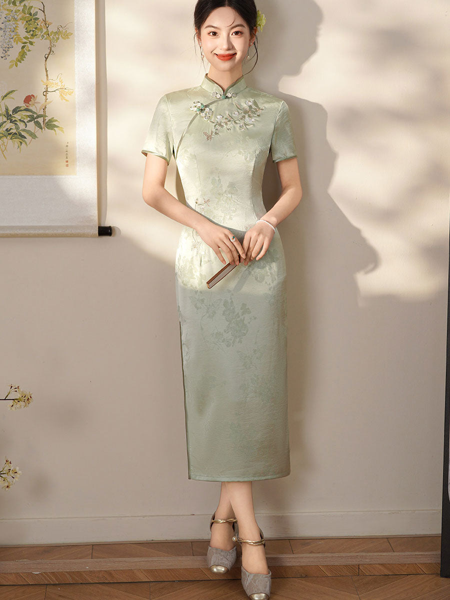 Blue GreenJacquard Floral Maxi Cheongsam Qipao Dress
