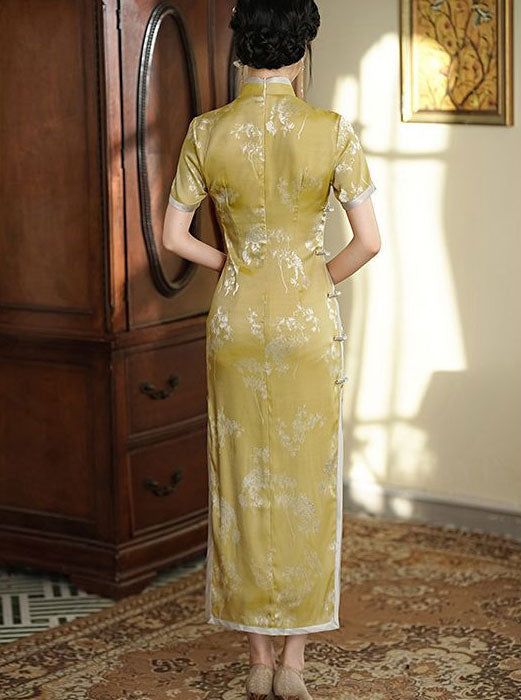 Blue Yellow Jacquard Floral Maxi Cheongsam Qipao Dress
