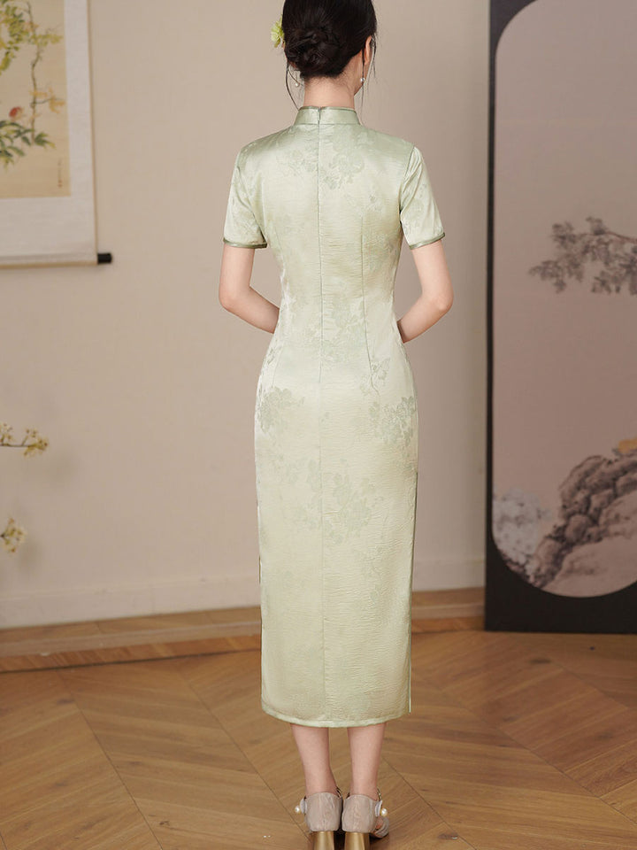 Blue GreenJacquard Floral Maxi Cheongsam Qipao Dress