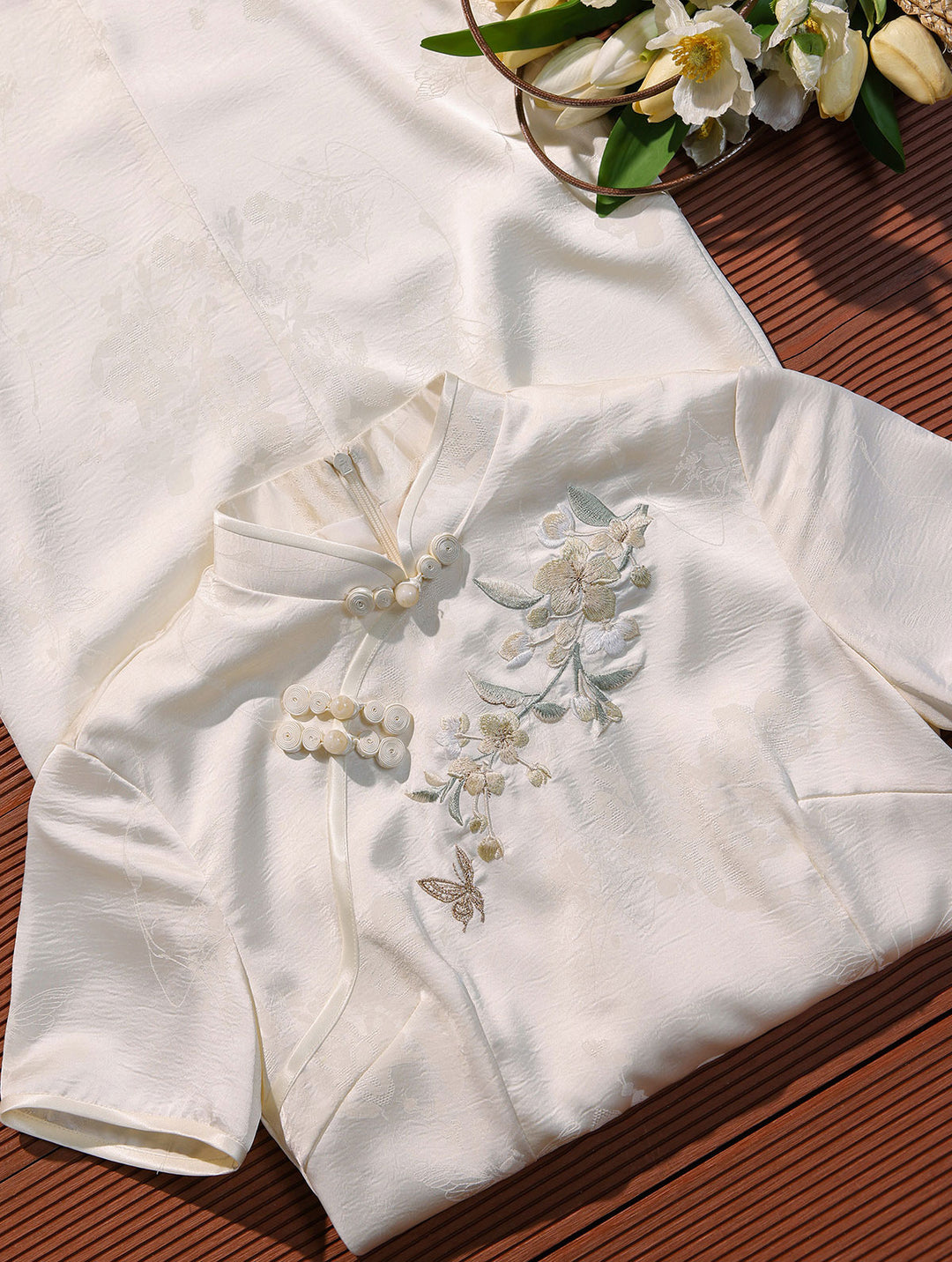 Pink White Floral Embroidery Maxi Cheongsam Qipao Dress
