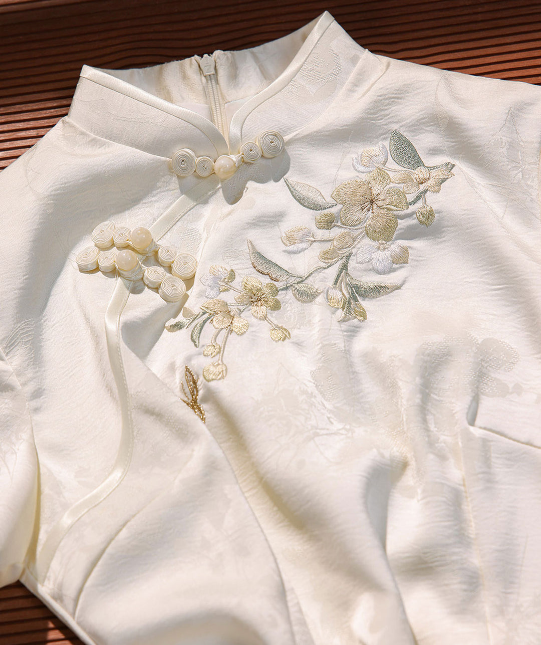 Pink White Floral Embroidery Maxi Cheongsam Qipao Dress