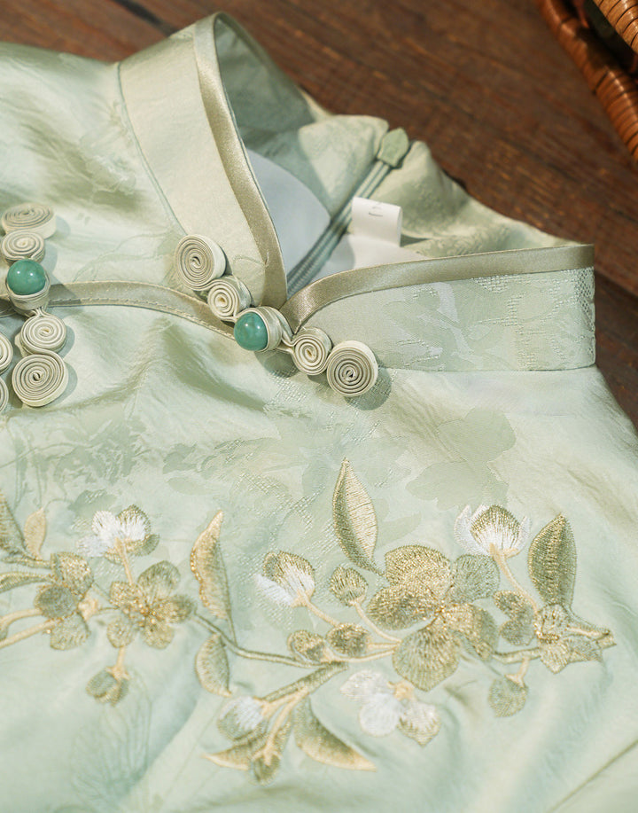 Blue GreenJacquard Floral Maxi Cheongsam Qipao Dress