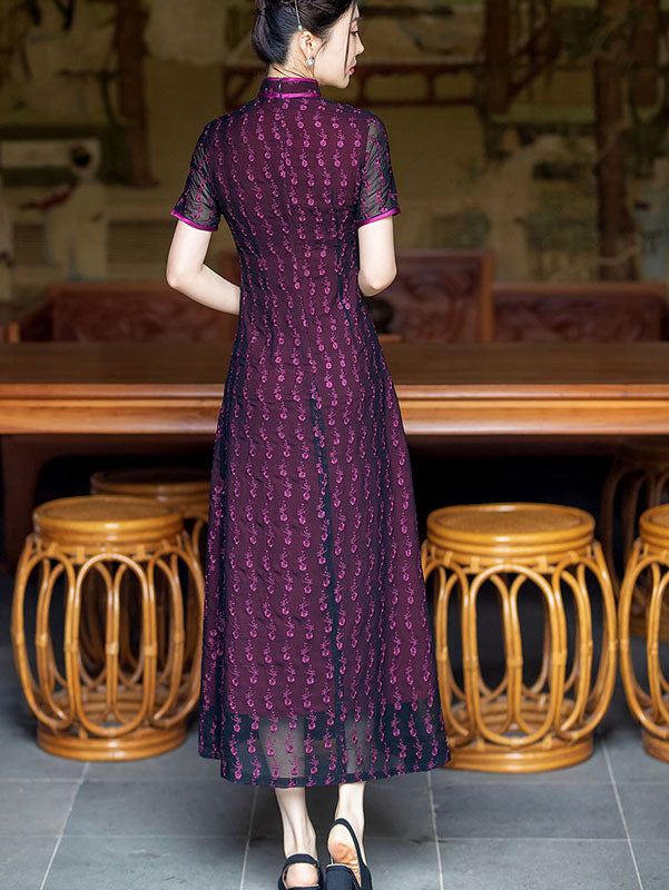 Purple Green Mothers Floral Lace A-Line Cheongsam Qipao Dress