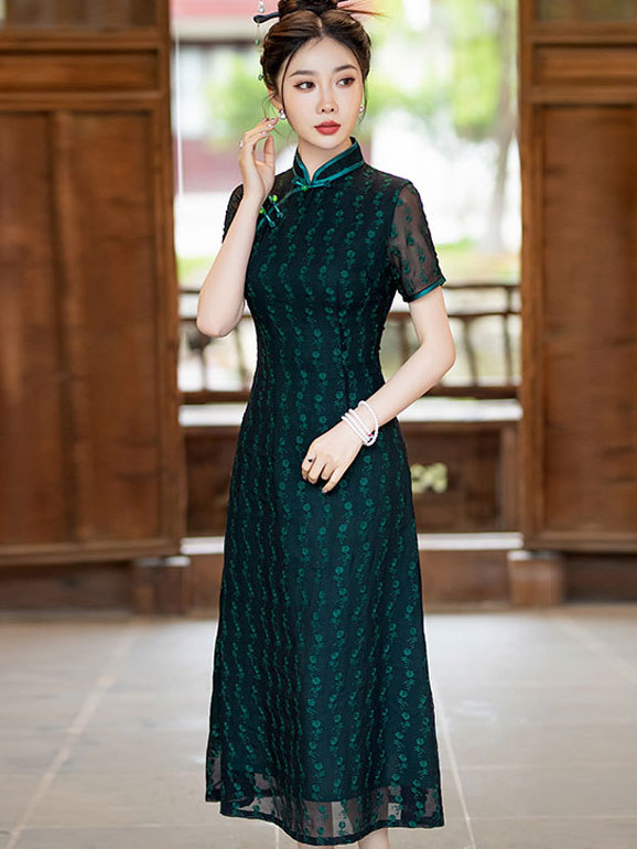 Purple Green Mothers Floral Lace A-Line Cheongsam Qipao Dress