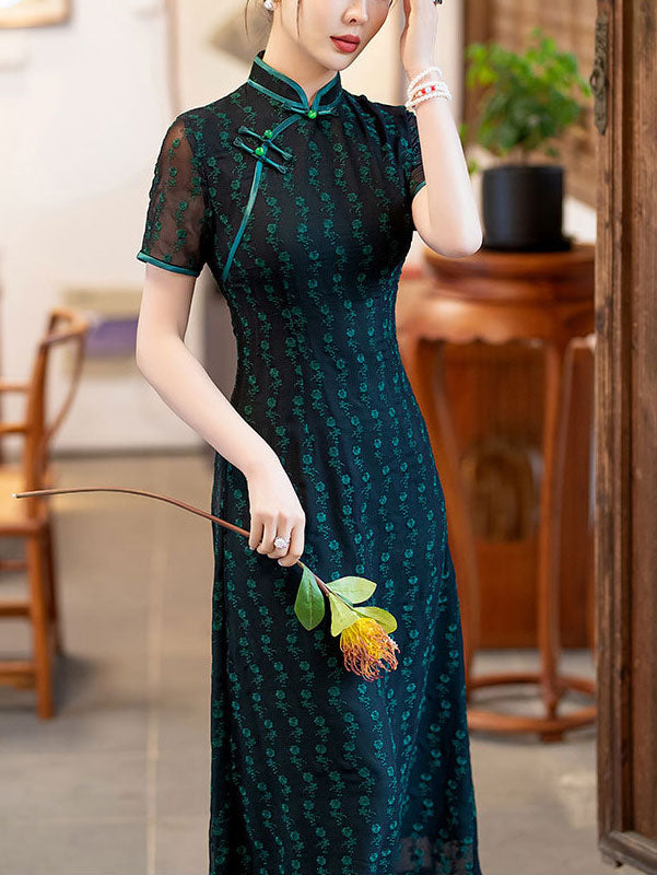 Purple Green Mothers Floral Lace A-Line Cheongsam Qipao Dress