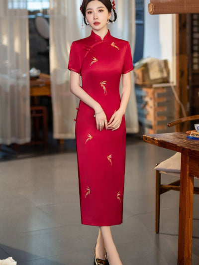 Red Embroidered Phoenix Wedding Cheongsam Qipao Dress