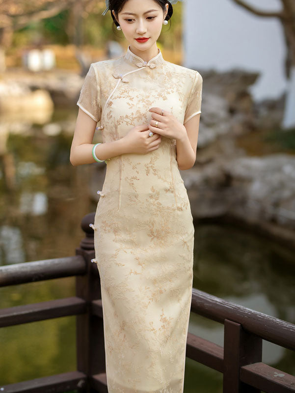 Green Yellow Floral Mulberry Silk Qipao Cheongsam Dress