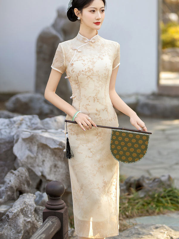 Green Yellow Floral Mulberry Silk Qipao Cheongsam Dress