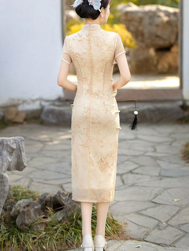 Green Yellow Floral Mulberry Silk Qipao Cheongsam Dress