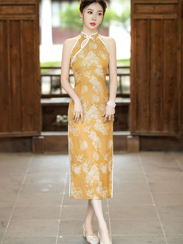 Yellow Floral Halter Cheongsam Qipao Dress